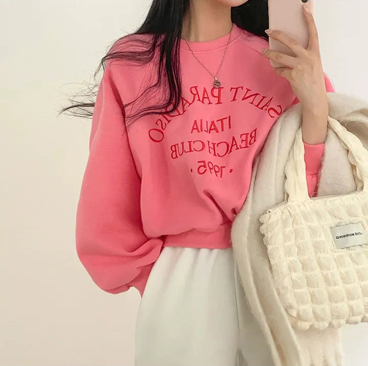 Light Letters Embroidery Velvet Thick Round Neck Sweater