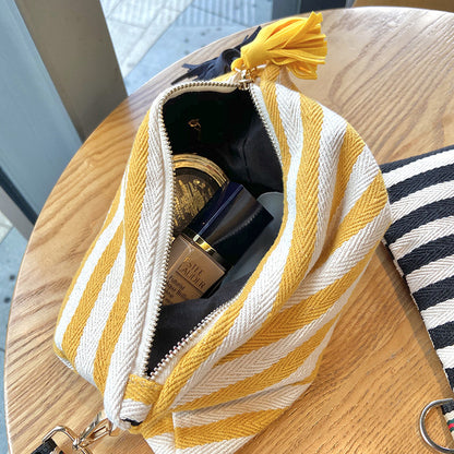 Striped Tassel Canvas Hand Hold Canvas Makeup Bag