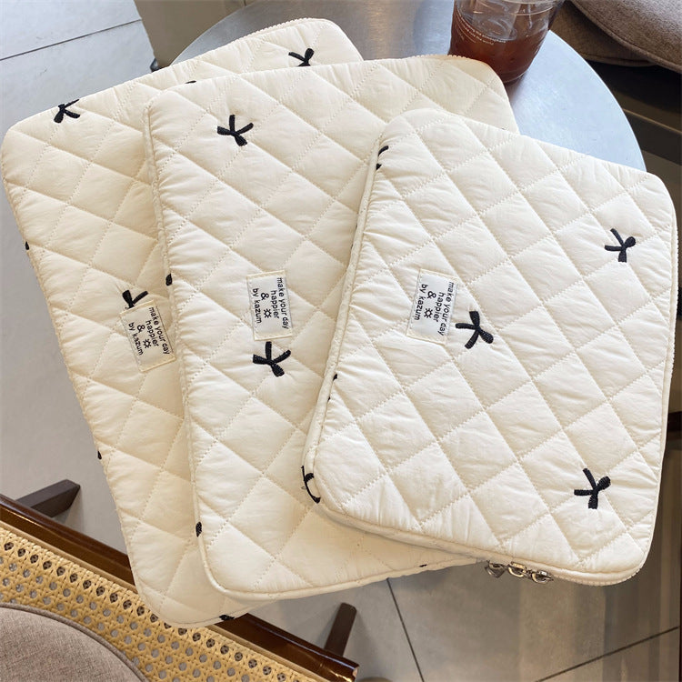 Cute Rhombus Embroidered Bow Notebook Tablet Storage Bag