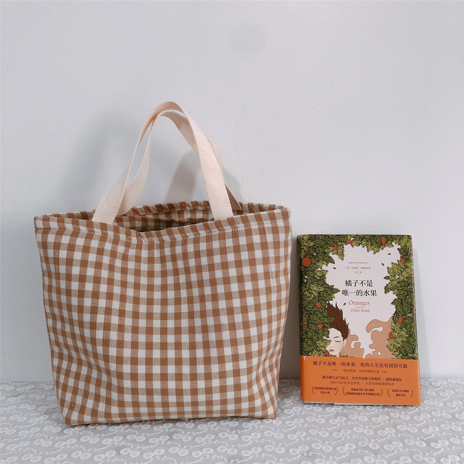 Plaid Cotton Fabric Insulated Lunch Bag