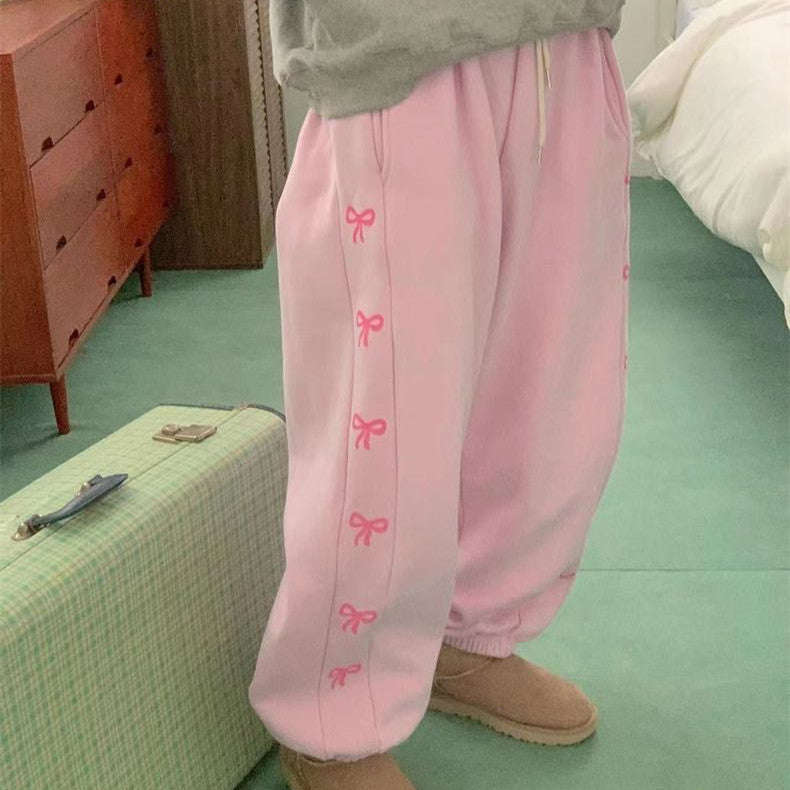 Bow Print Elastic Waist Track Pants