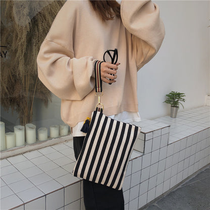 Striped Tassel Canvas Hand Hold Canvas Makeup Bag