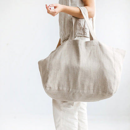 Large Beach Bag Natural Pure Linen Large Capacity Shoulder Bag