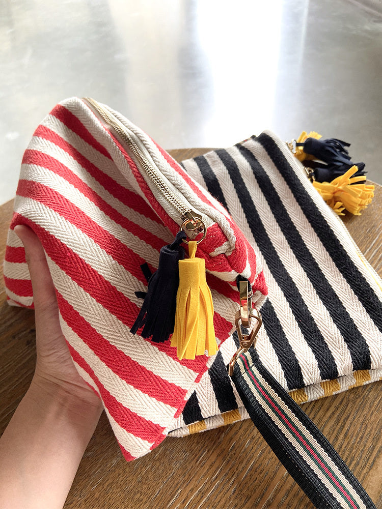 Striped Tassel Canvas Hand Hold Canvas Makeup Bag