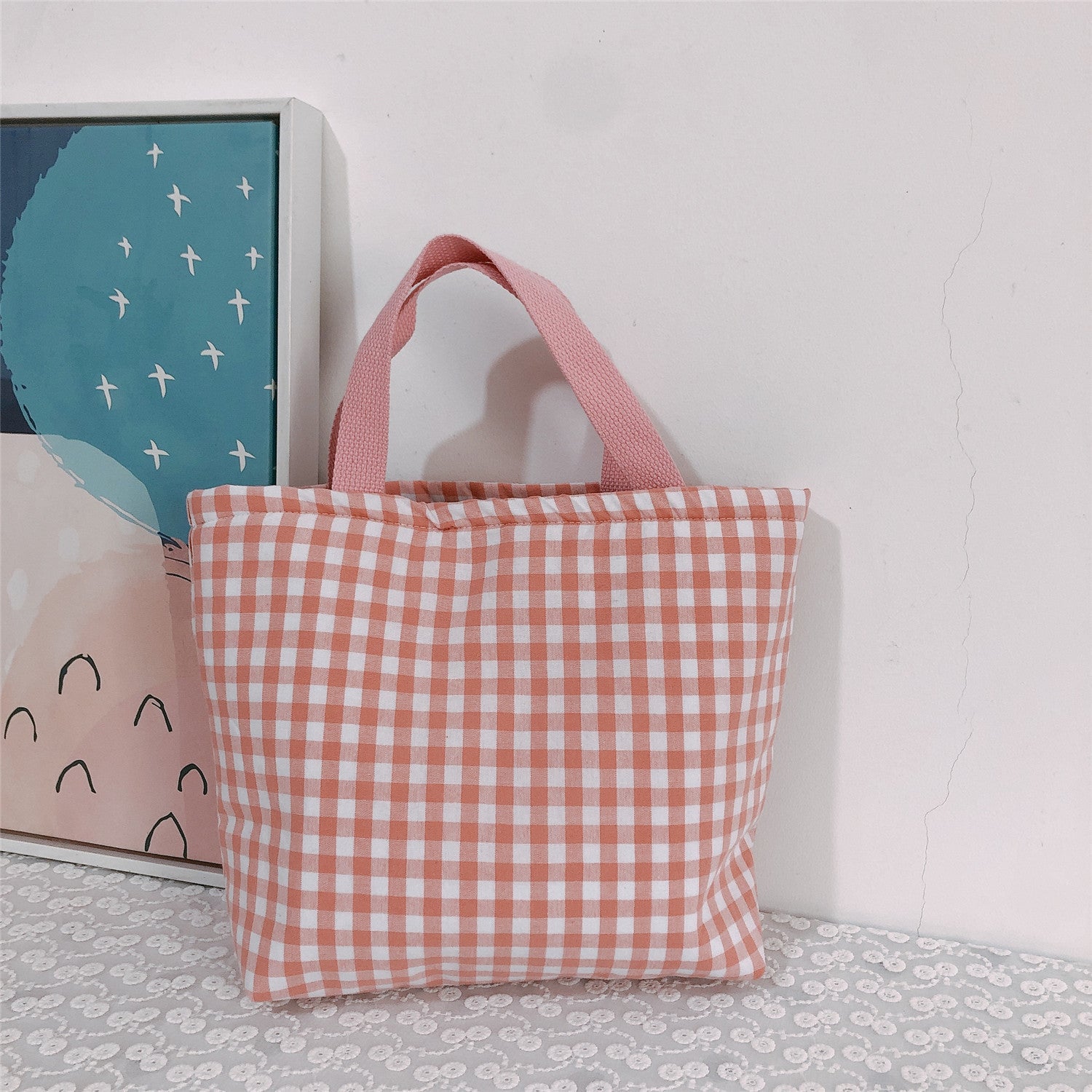 Plaid Cotton Fabric Insulated Lunch Bag