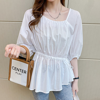 Ruffled Edge Thin Cotton Square Collar Shirt