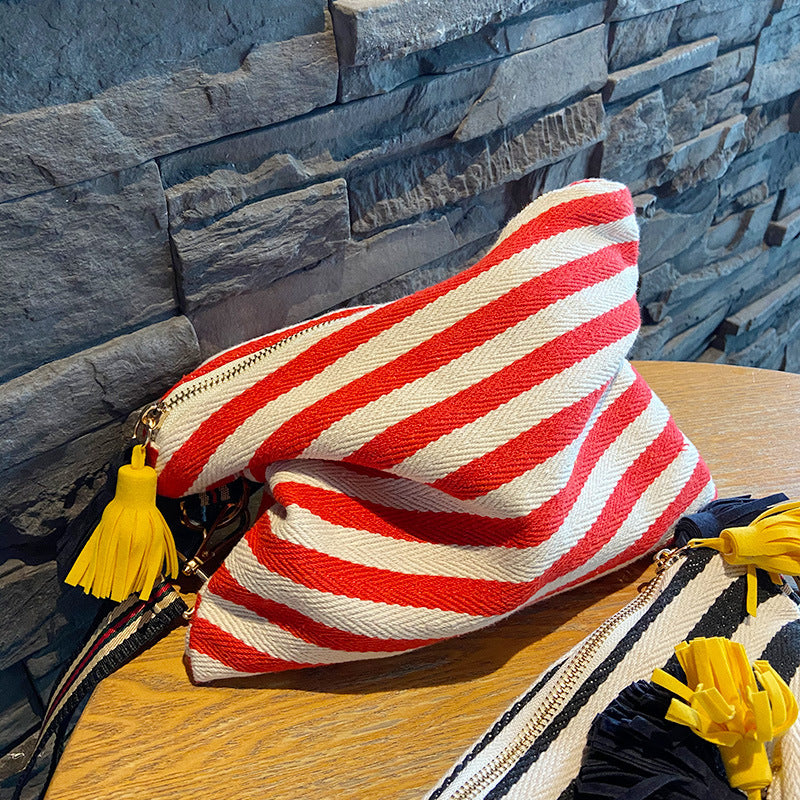 Striped Tassel Canvas Hand Hold Canvas Makeup Bag