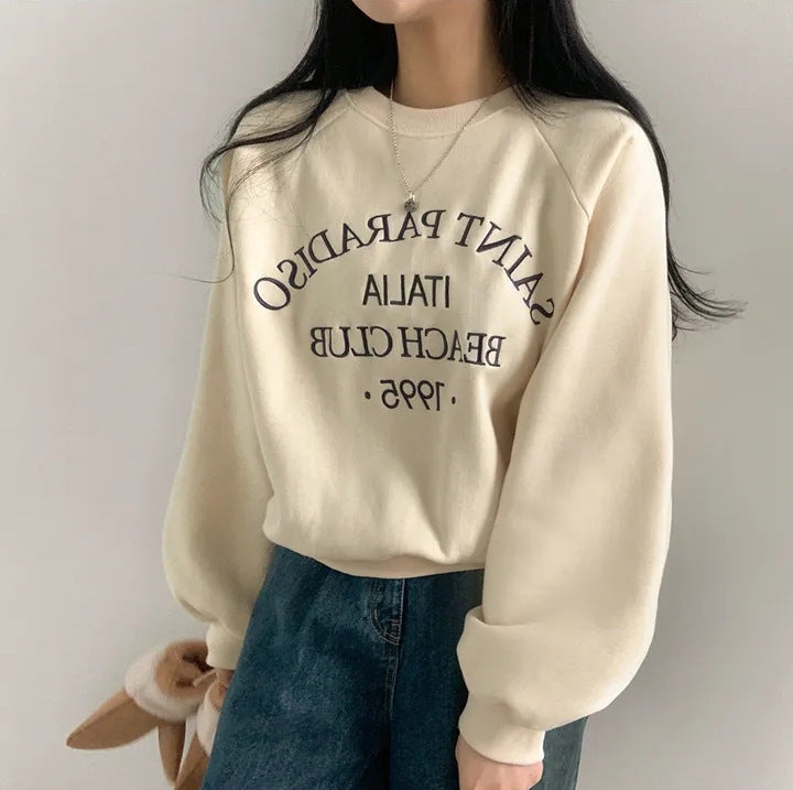 Light Letters Embroidery Velvet Thick Round Neck Sweater