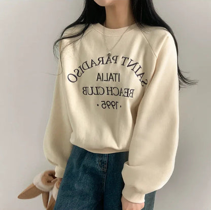 Light Letters Embroidery Velvet Thick Round Neck Sweater