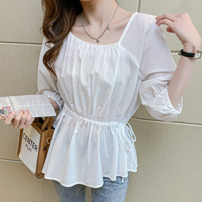 Ruffled Edge Thin Cotton Square Collar Shirt