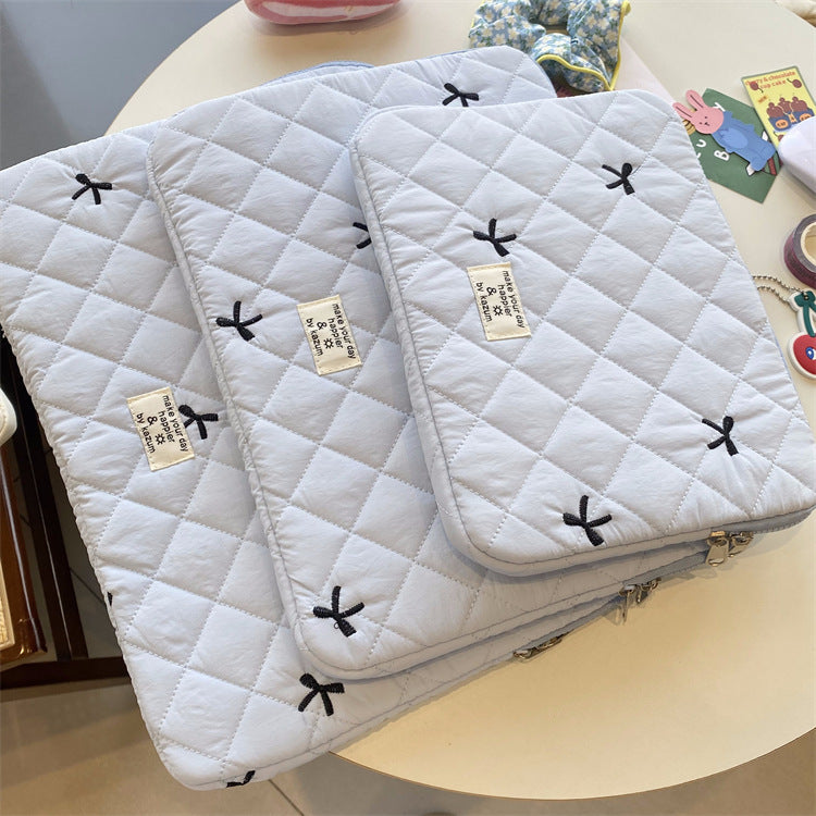 Cute Rhombus Embroidered Bow Notebook Tablet Storage Bag