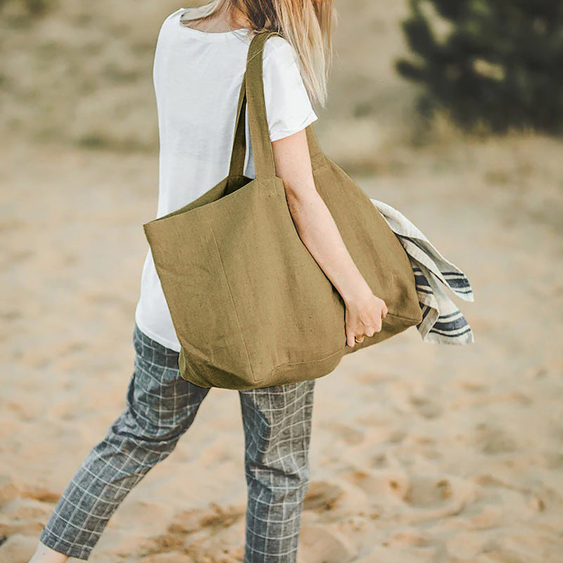 Large Beach Bag Natural Pure Linen Large Capacity Shoulder Bag