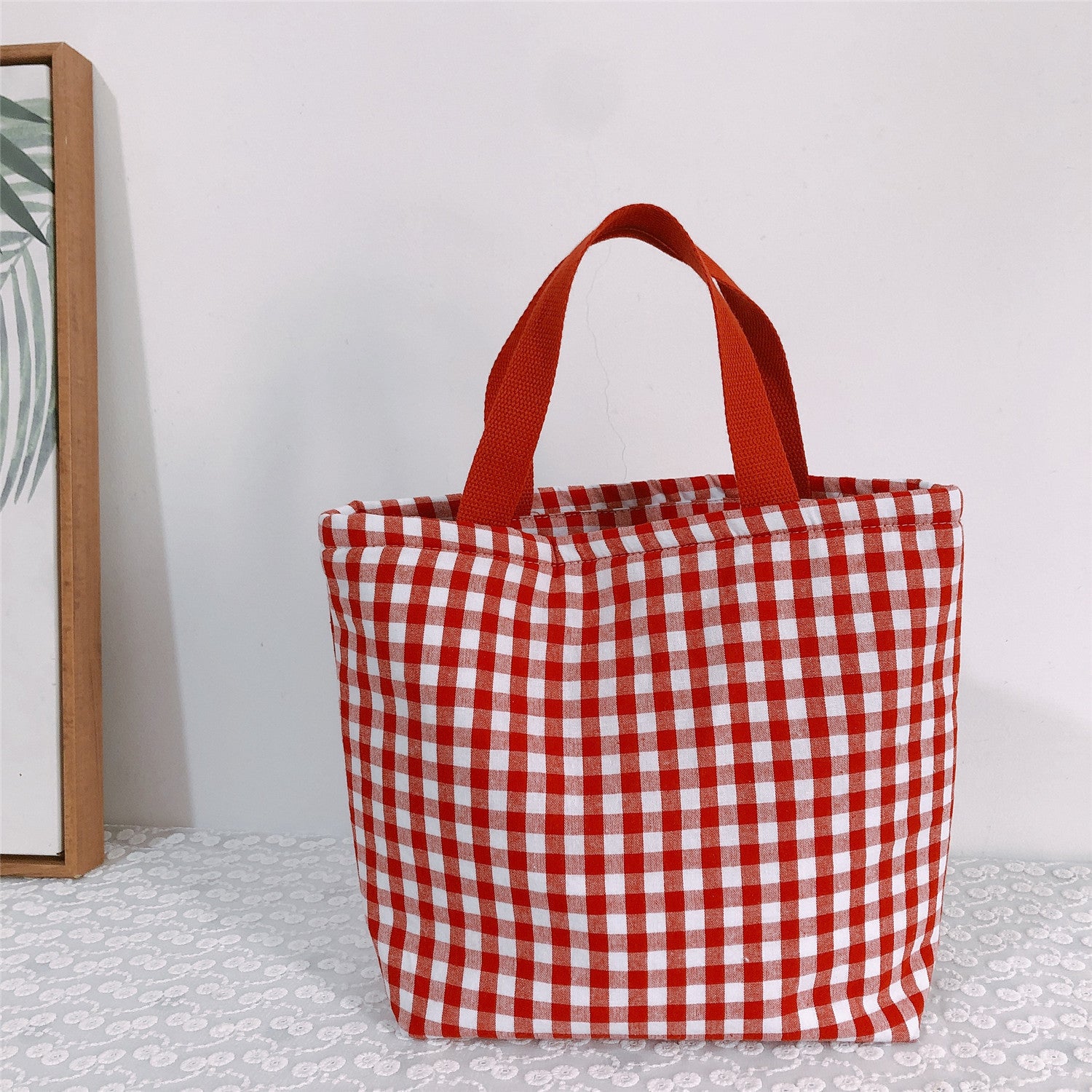 Plaid Cotton Fabric Insulated Lunch Bag