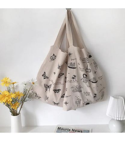 Literary Simple Retro Printed Cotton Linen Bag