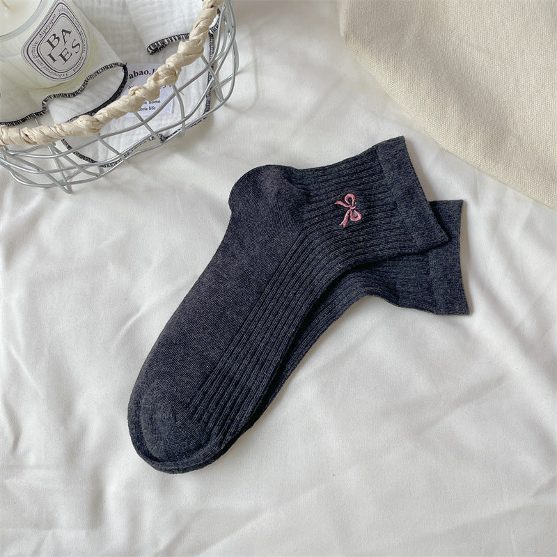 Bow Embroidered Short Thin Socks