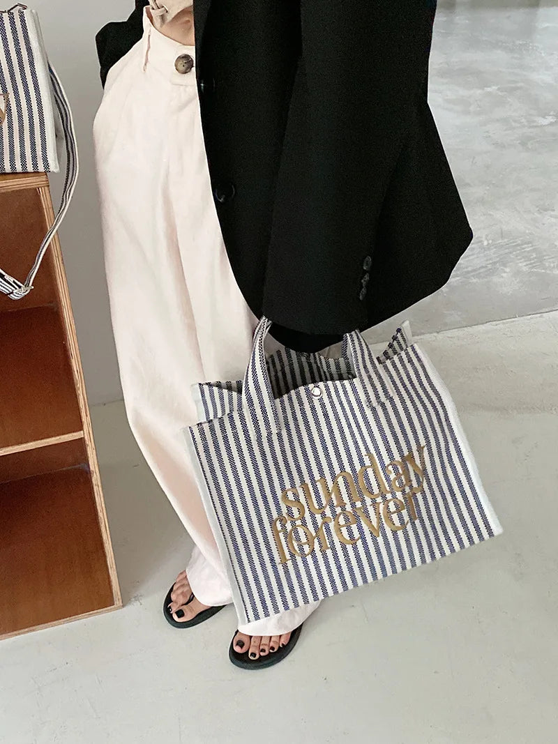 Sunday Striped Canvas Tote Bag