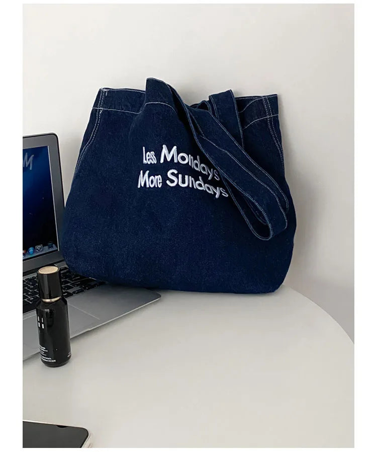 Embroidered Denim Shoulder Bag