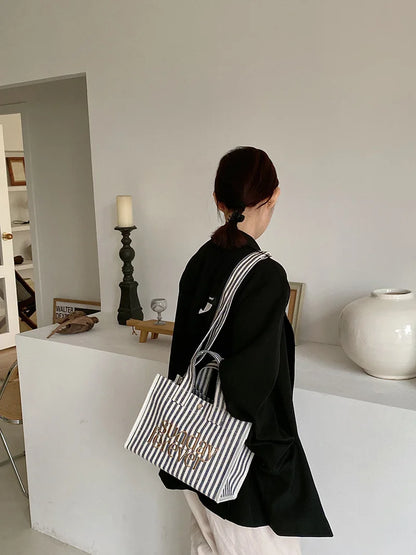 Sunday Striped Canvas Tote Bag