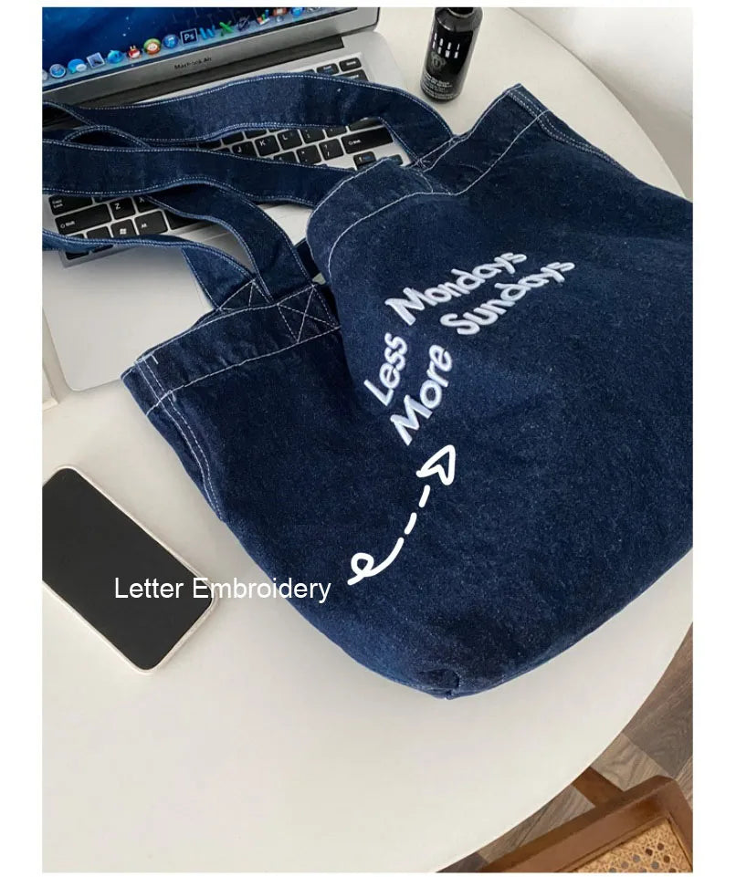 Embroidered Denim Shoulder Bag