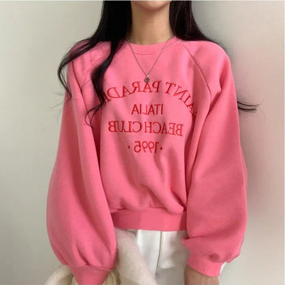 Light Letters Embroidery Velvet Thick Round Neck Sweater