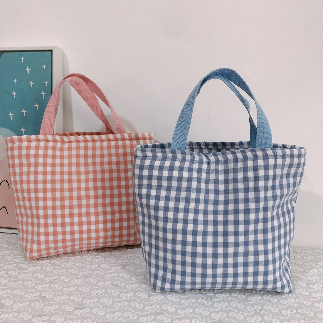 Plaid Cotton Fabric Insulated Lunch Bag