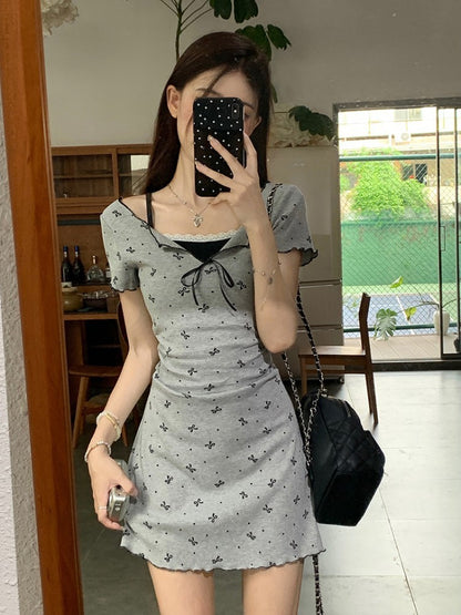 Short-Sleeve Bow Print Lace Trim A-Line Dress