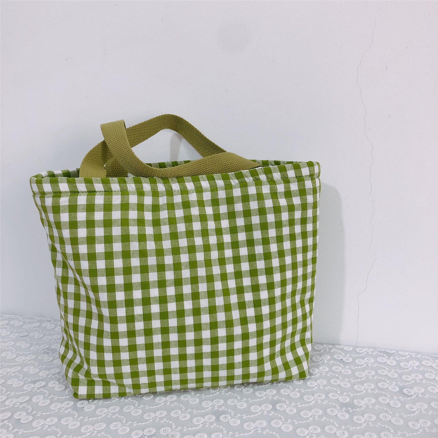 Plaid Cotton Fabric Insulated Lunch Bag