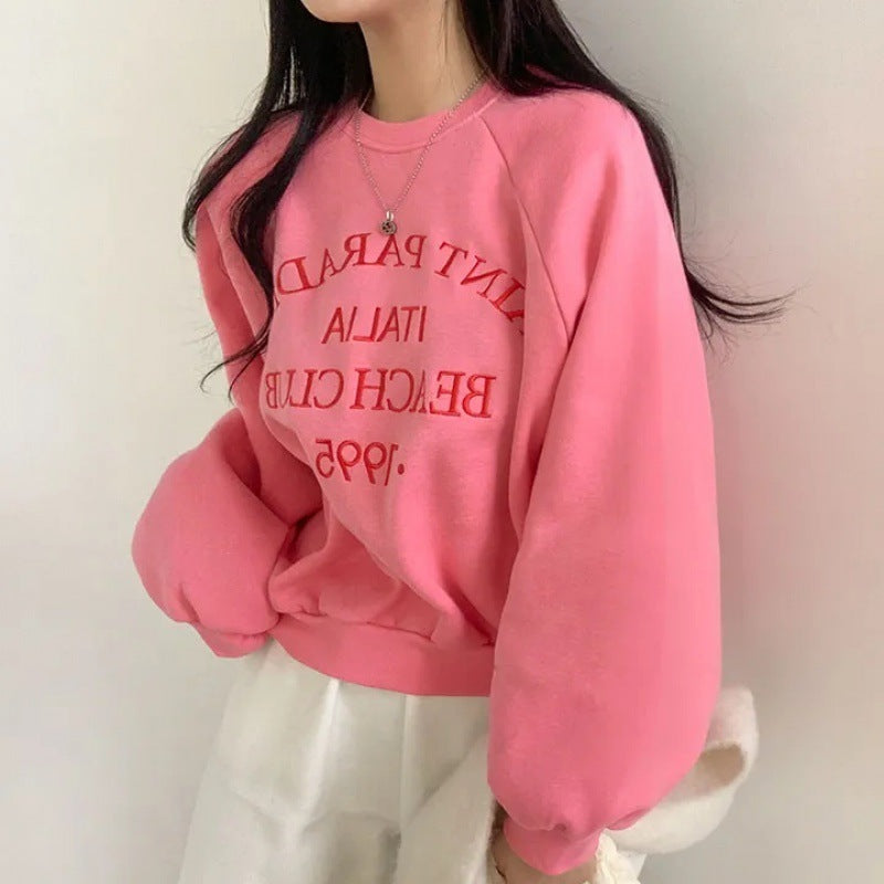 Light Letters Embroidery Velvet Thick Round Neck Sweater