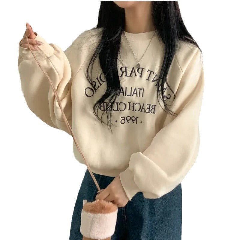 Light Letters Embroidery Velvet Thick Round Neck Sweater