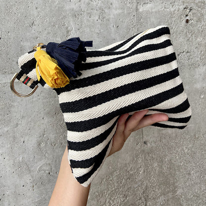 Striped Tassel Canvas Hand Hold Canvas Makeup Bag