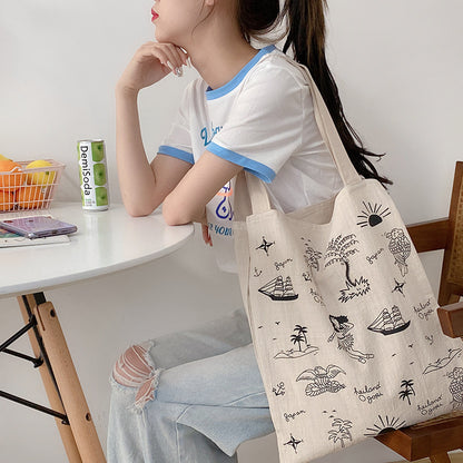 Literary Simple Retro Printed Cotton Linen Bag